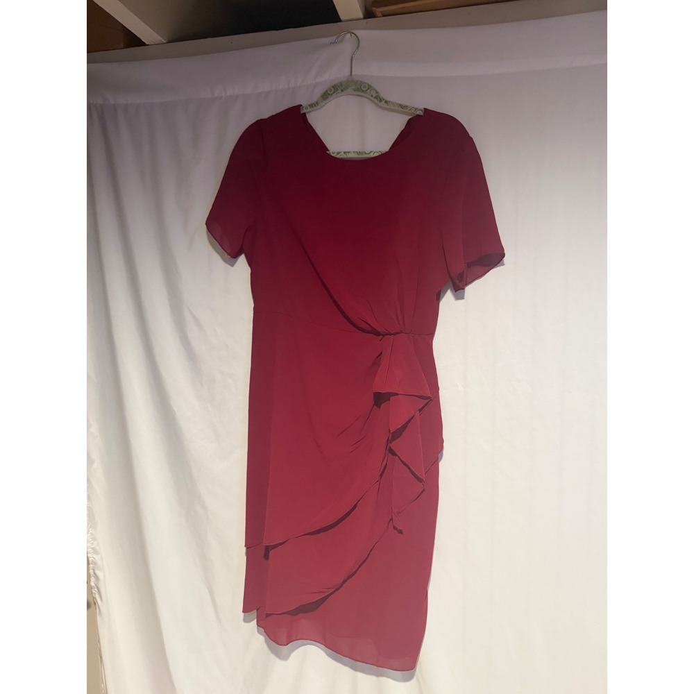 Burgundy Ruffle Sheath Dress Short Sleeve Faux Wrap Cocktail Wine Red Medium